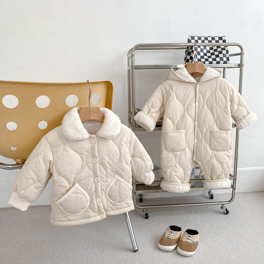 Arrival Baby Kids Boys Simple Plain Single Breasted Thick Coat & Romper